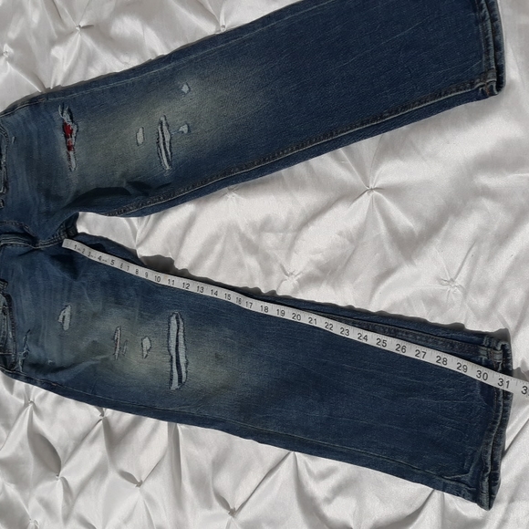 Old Navy Slim Built In Tough Flex 33x32 Distressed Plaid Patchwork Blue Jeans - Picture 8 of 17